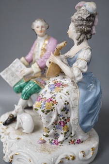 A 19th century Samson of Paris porcelain figure group of a lady playing a mandolin to her teacher 22cm